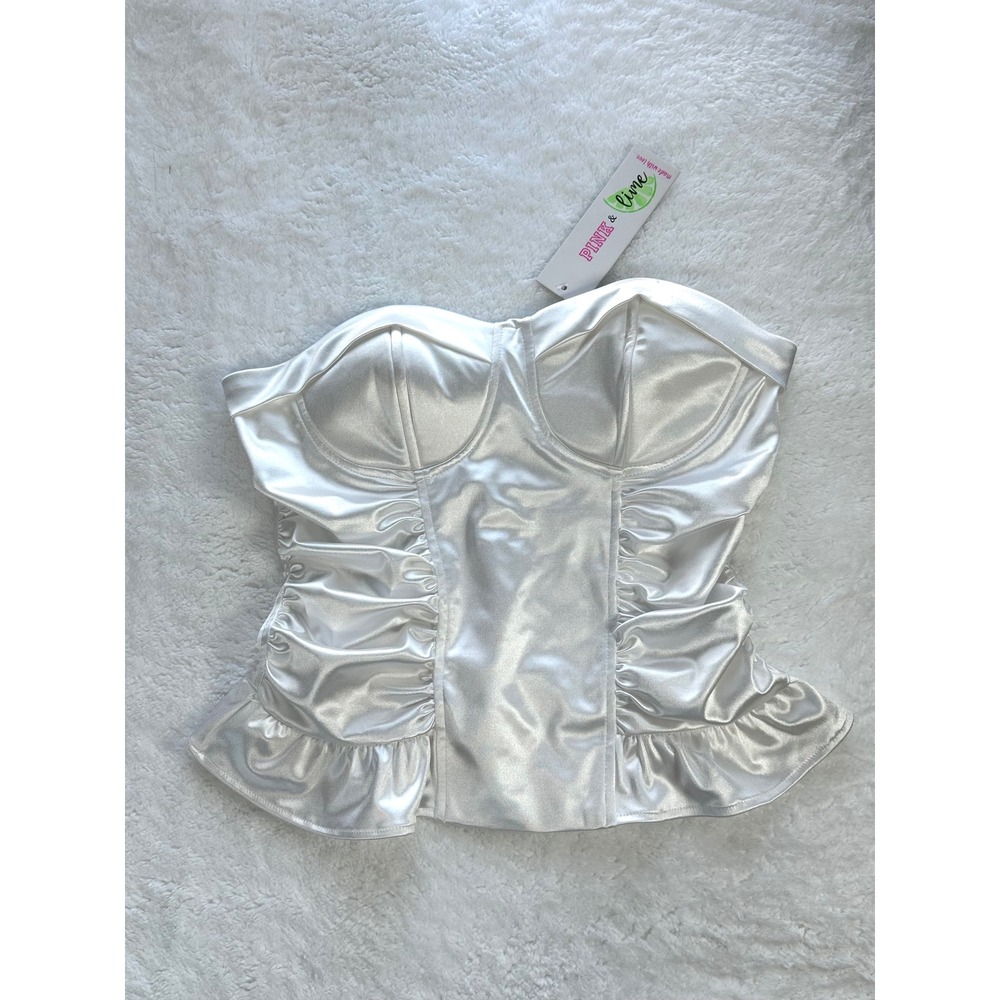 White Satin‎ Corset NWT M Pink & Lime strapless bridal whimsy ruffle underwire
